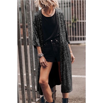 Black Sequin 3/4 Sleeve Open Front Duster Kimono