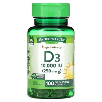 Vitamin D3, High Potency, 250 mcg (10,000 IU), 100 Quick Release Softgels