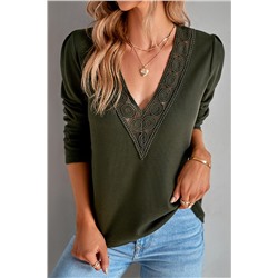 Green Lace Patchwork V Neck Waffle Knit Top