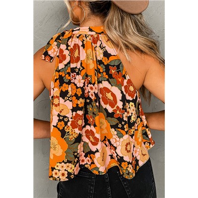 Orange Floral Print Knotted Halter Neck Sleeveless Top