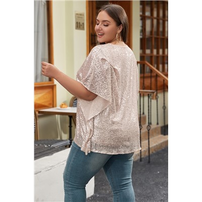 Apricot Plus Size Sequined V Neck Boxy Top