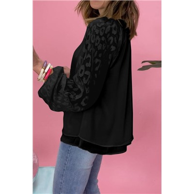 Black Leopard Mesh Bubble Sleeve Split Neck Blouse