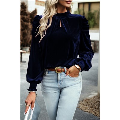 Navy Blue Mock Neck Puff Sleeve Velvet Blouse