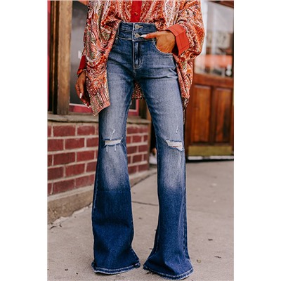 Sky Blue Button Fly Ripped High Waist Flare Jeans