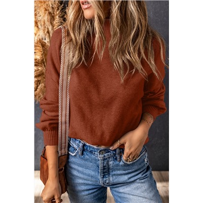 Brown Turtleneck Drop Shoulder Bubble Sleeve Knit Sweater