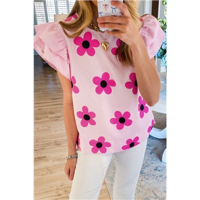 Pink Pinstripe Floral Print Ruffled Flutter Sleeve Blouse