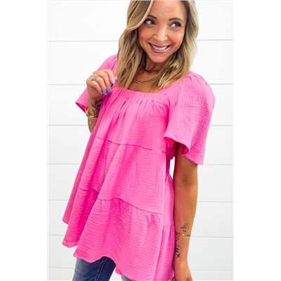 Bright Pink Textured Square Neck Flutter Sleeve Tiered Flowy Blouse