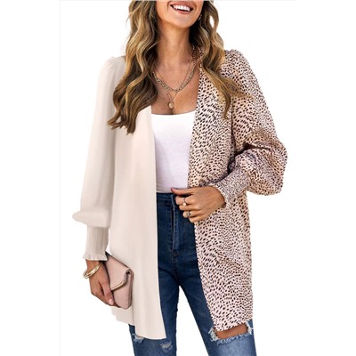 Khaki Leopard Patchwork Smocked Cuffs Open Front Cardigans