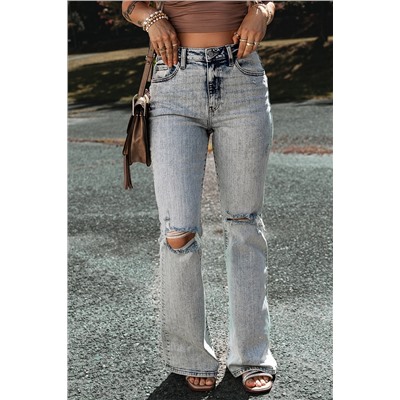 Light Blue Distressed Light Washed Slit Knee Flared Jeans