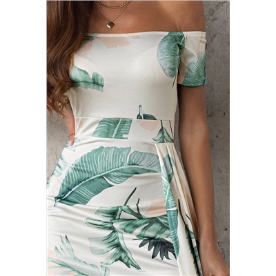 Персиковое асимметричное платье с лиственным узором и открытыми плечами