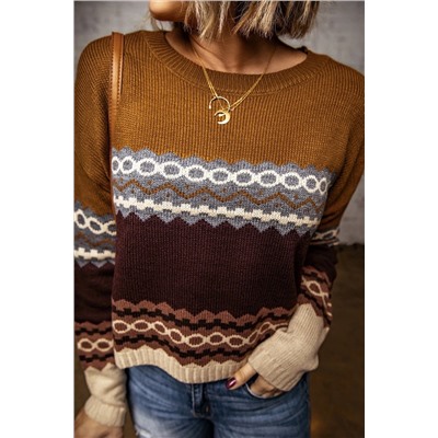 Коричневый вязаный свитер с разноцветным орнаментом