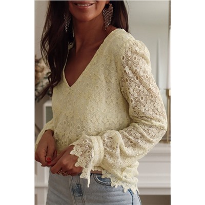 Beige Floret Lace V Neck Long Sleeve Blouse