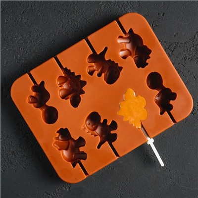 Форма для леденцов Доляна «Дино», силикон, 14×11×1,5 см, 8 ячеек, с палочками, цвет коричневый