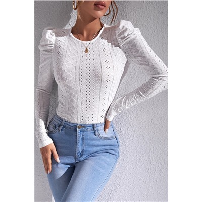 White Jacquard Textured Puff Sleeve O-Neck Top