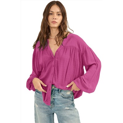 Rose Solid Color Jacquard Puff Sleeve Button up Shirt