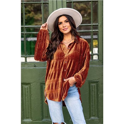 Brown Solid Color Textured Velvet Button Up Shirt