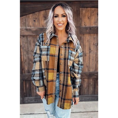 Brown Plaid Color Block Buttoned Shirt with Pockets