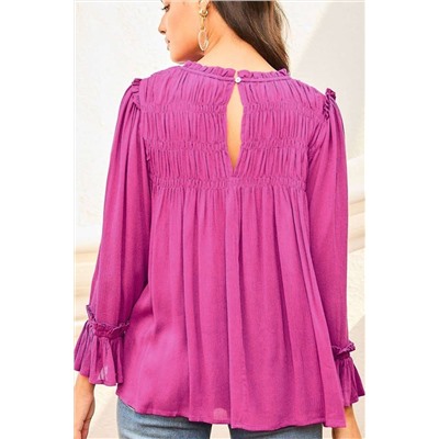 Bright Pink Shirred Button Keyhole Back Flounce Sleeve Blouse