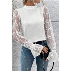 White Contrast Lace Sleeve Mock Neck Textured Blouse