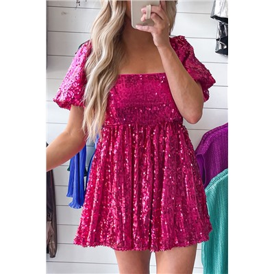 Rose Red Short Puff Sleeve Sequin Babydoll Romper