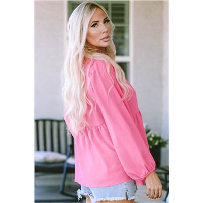 Pink Frilled V Neck Puff Sleeve Babydoll Blouse