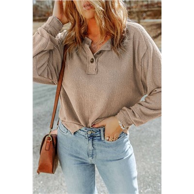 Apricot Button Split Neck Retro Patchwork Long Sleeve Top