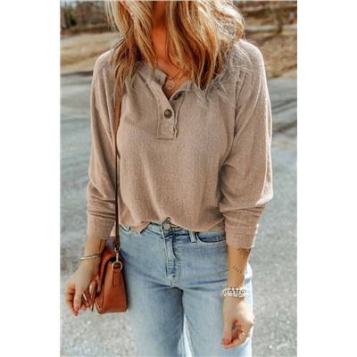 Apricot Button Split Neck Retro Patchwork Long Sleeve Top