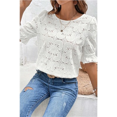 White Flower Eyelet Jacquard Keyhole Flounce Sleeve Top