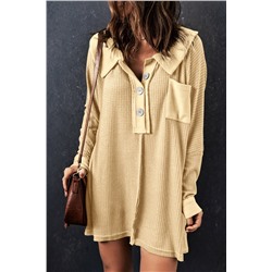 Apricot Waffle Knit Buttoned Long Sleeve Top