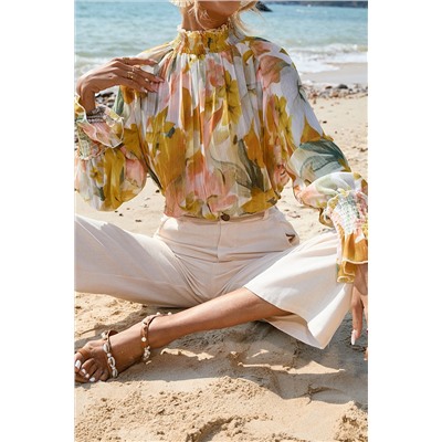 Yellow Floral Print Flounce Sleeve Mock Neck Blouse