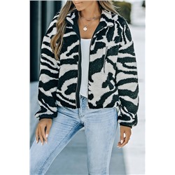 Black Zebra Teddy Zip-up High Neck Jacket