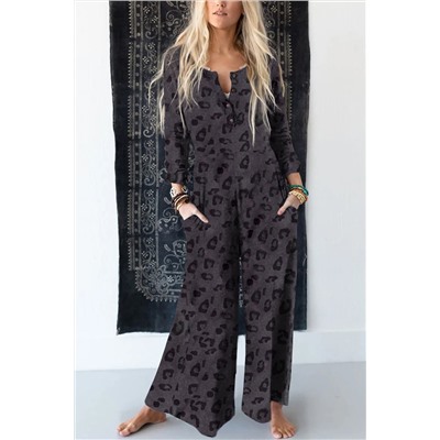 Gray Printed Buttoned Bodice Wide Leg Leopard Jumpsuit