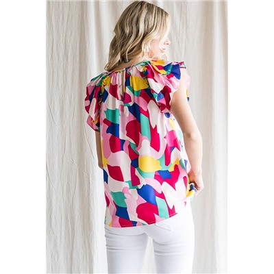 Multicolor Abstract Pattern Ruffle Short Sleeves Blouse