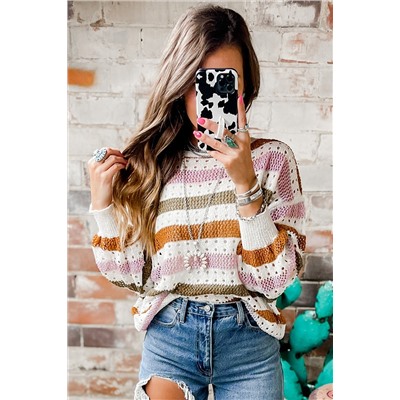 Multicolor Striped Hollowed Knitted Loose Sweater